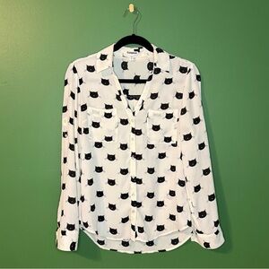 Express White Blouse with Black Cat Pattern